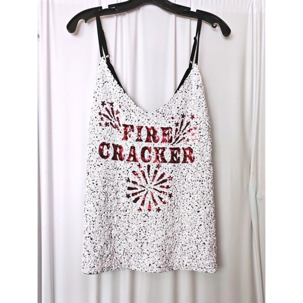 Third Wish Womens Sequin 'Fire Cracker' Tank Top - Patriotic White & Red Large